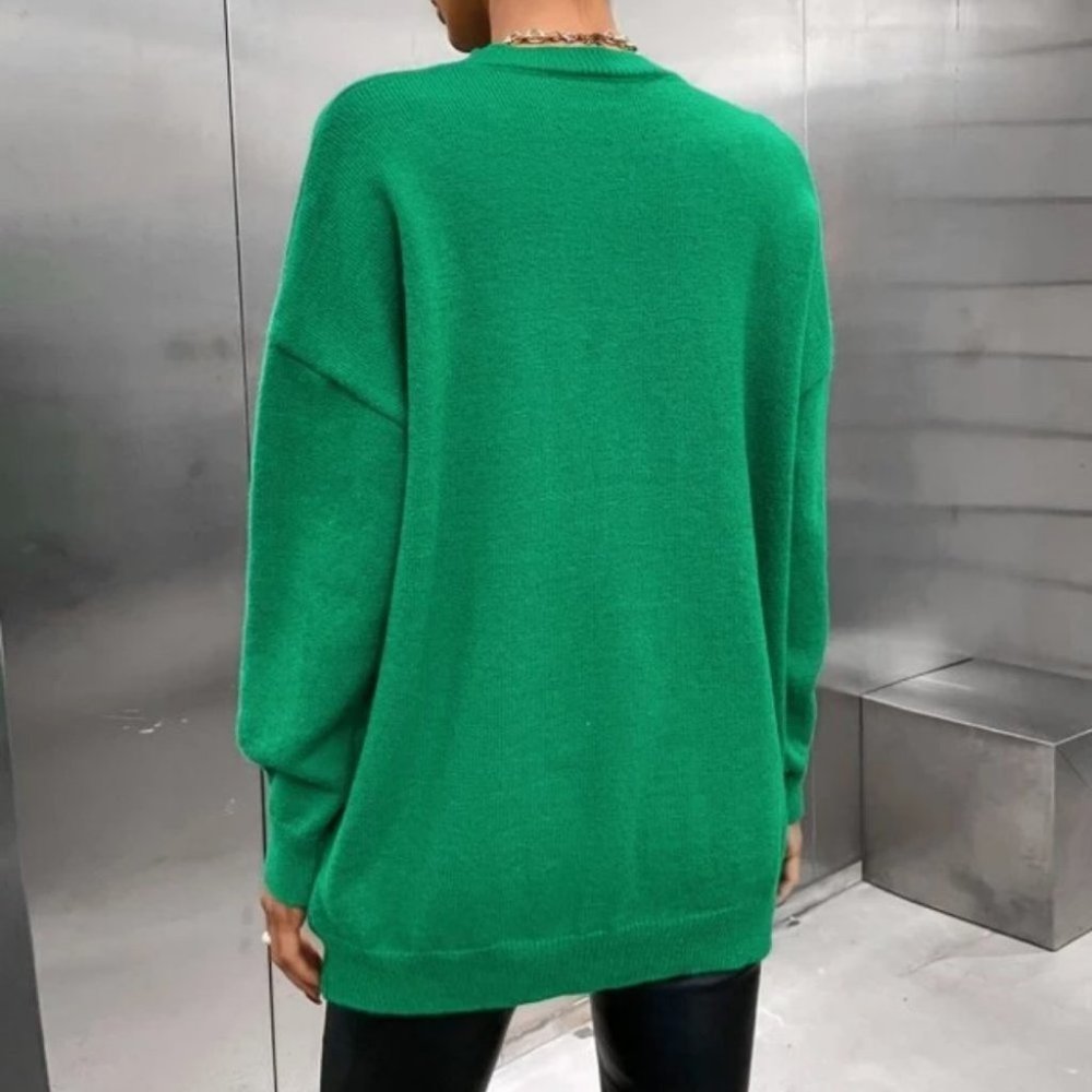 WAY TO GO graphic green pink long sleeve knit sweater top - Picture 6 of 10